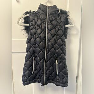 Saks Fifth Avenue Black Small Vest.  Detachable Faux Fur Hood, rarely worn
